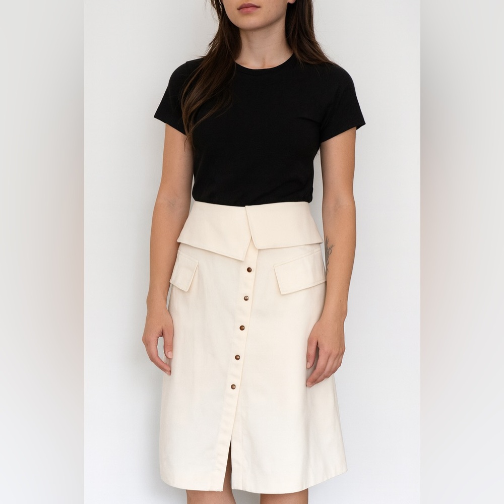 Tibi  Cream Urban Stretch Flap Asymmetrical Skirt Rose Gold Snaps Size 6